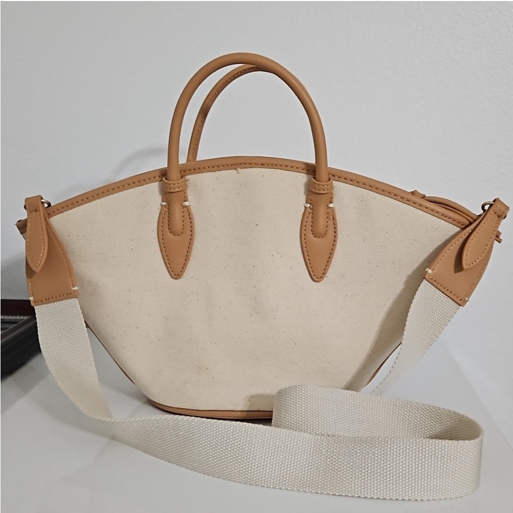 Zara Beige Canvas Tote with Tan Leather Trim